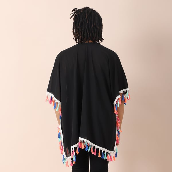JOVIE Chiffon Kimono in Multicolour Tassel with V Shape Neck (Size 90x70 Cm) - Black and Multi