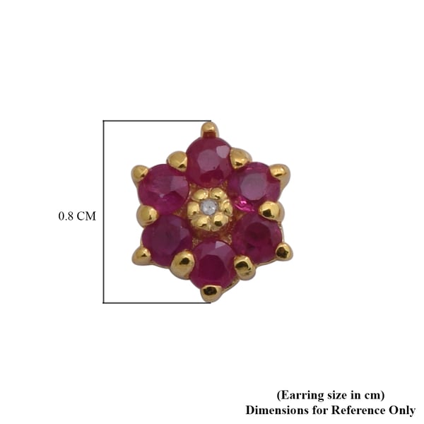 Ruby and Diamond Floral Stud Earrings in Yellow Gold Overlay Sterling Silver 1.00 Ct.