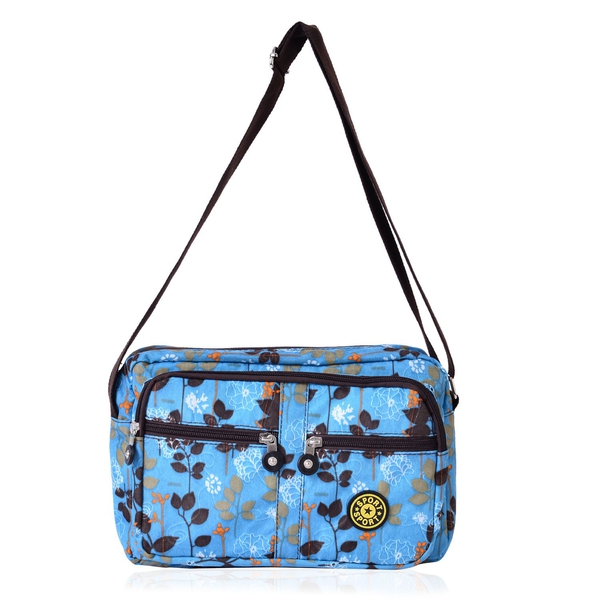 Turquoise and Multi Colour Leaves Pattern Waterproof Sport Bag with External Zipper Pocket and Adjustable Shoulder Strap (Size 27x20x6 Cm)
