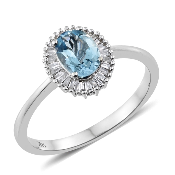 1 Carat AA Santa Maria Aquamarine and Diamond Halo Ring in 9K White Gold 2.40 Grams