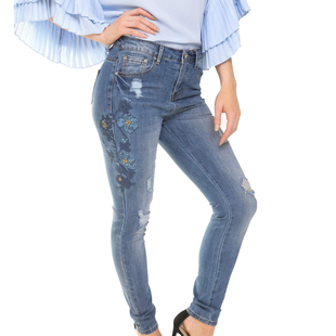 Mid Rinse Blue Floral Diamante Embellished High Waist Skinny Jeans 