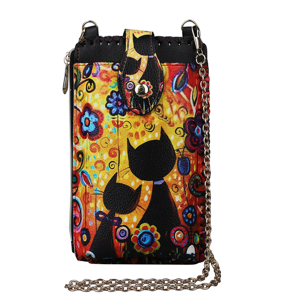Stylish Cat Pattern Mobile Phone Bag with Chain Shoulder Strap (Size 18x10cm) - Yellow