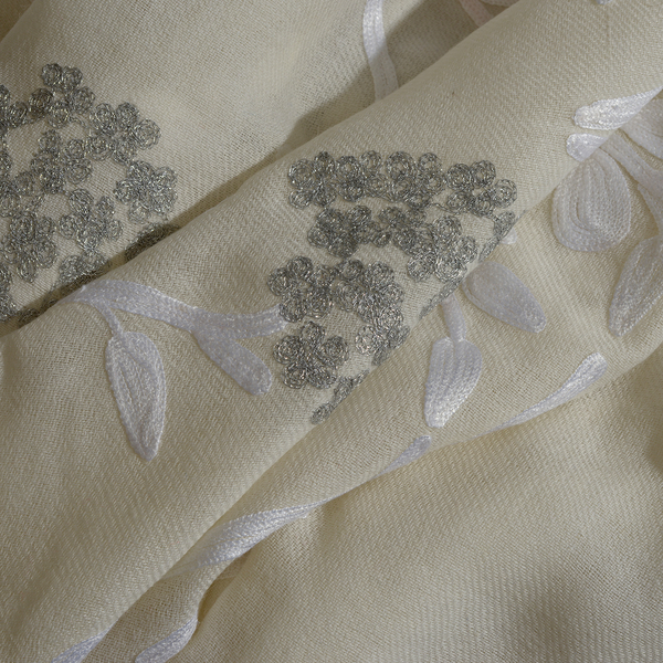 Limited Edition- Designer Inspired 100% Merino Wool White and Grey Colour Floral and Leaves Embroidered Shawl (Size 170X70 Cm)