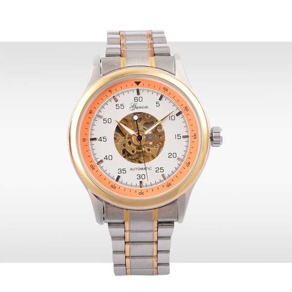 GENOA Automatic Skeleton White Dial Watch in Yellow Gold and Silver Tone with Stainless Steel and Glass Back