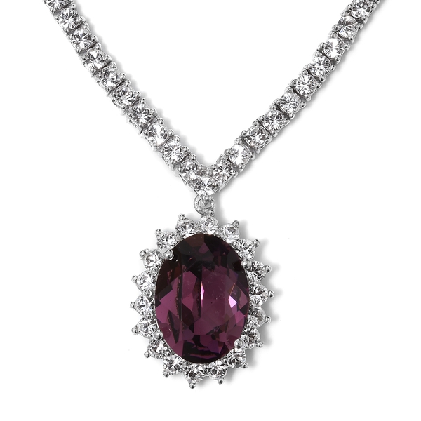 J Francis - Purple Sapphire Crystal (Ovl), White Crystal Necklace (Size 18 with 2 inch Extender) in 
