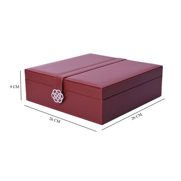 Two-Layer Burgundy Jewellery Box with Multiple Compartments and Mirror (Size 26x26x9cm)