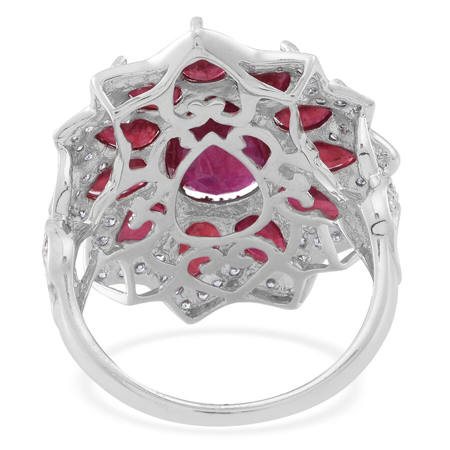 Limited Edition Designer Inspired African Ruby (Pear 4.00 Ct), White Zircon Ring in Rhodium Plated Sterling Silver 11.000 Ct.