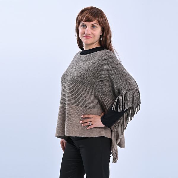 TAMSY Knitted Poncho with Tassel - Beige & Gold