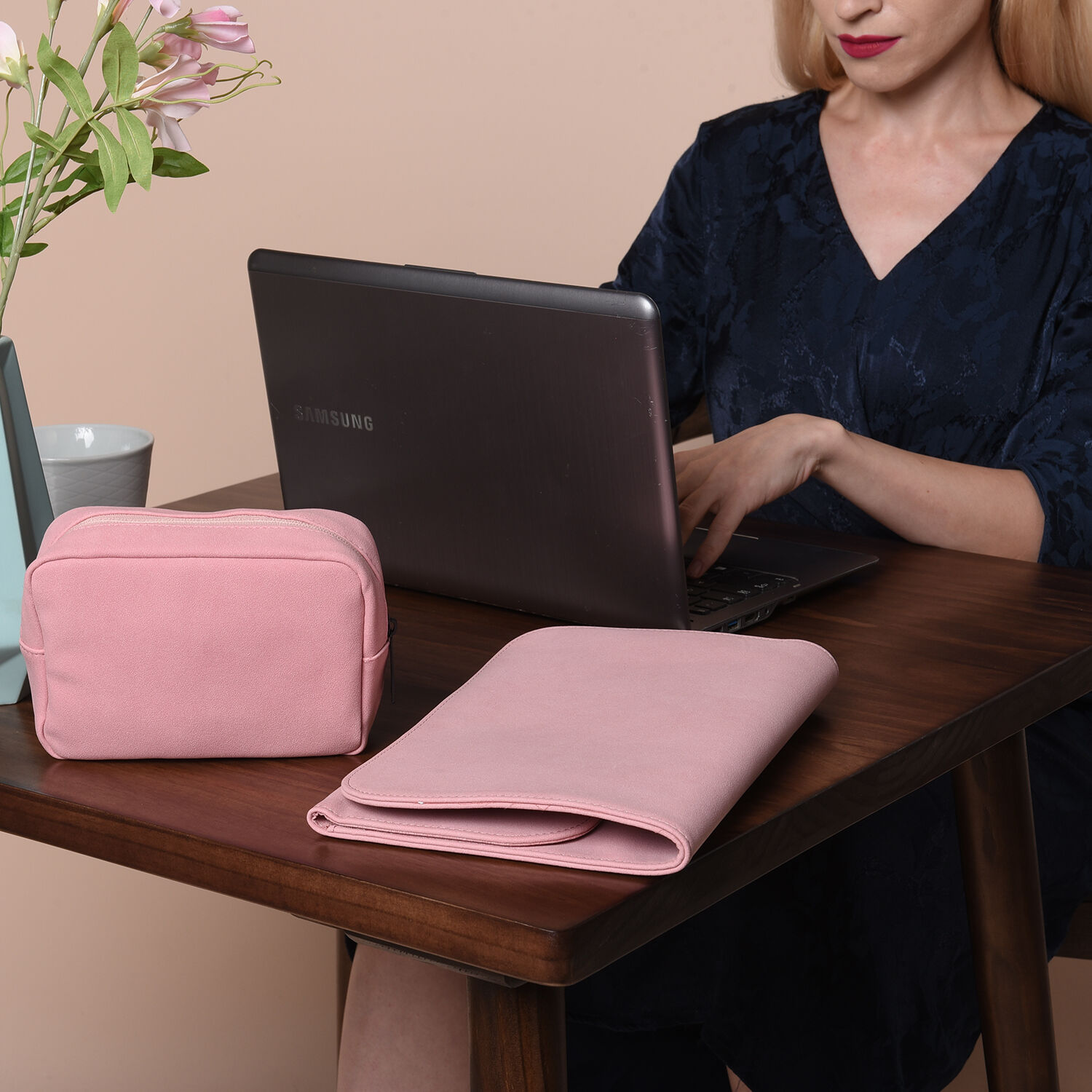 Set of 2 Suede Finish Multipurpose Document, Laptop, Tablet Sleeve with Extra Padded Bag - Pink