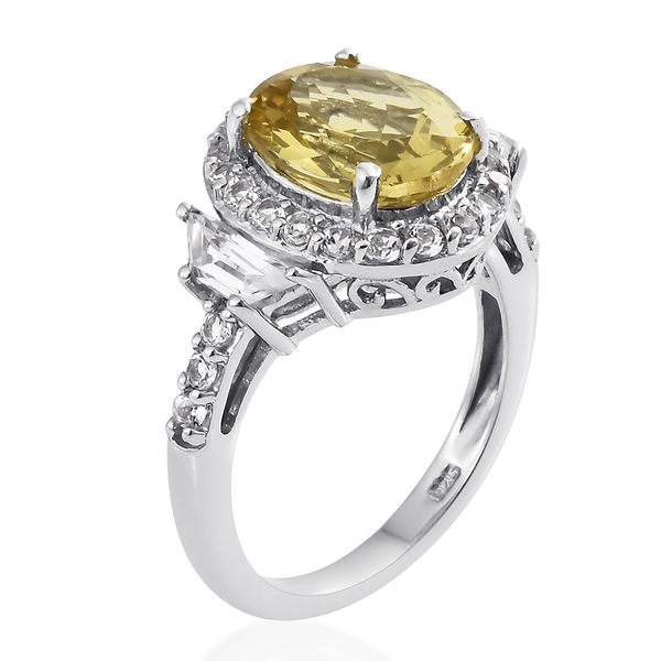 Madagascar Yellow Apatite (Ovl 4.30 Ct), White Topaz Ring in Platinum Overlay Sterling Silver 5.500 Ct.