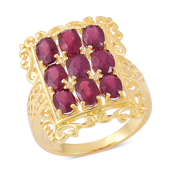 6.04 Ct African Ruby and White Topaz Cluster Ring in Yellow Gold Plated Silver 5.34 Grams
