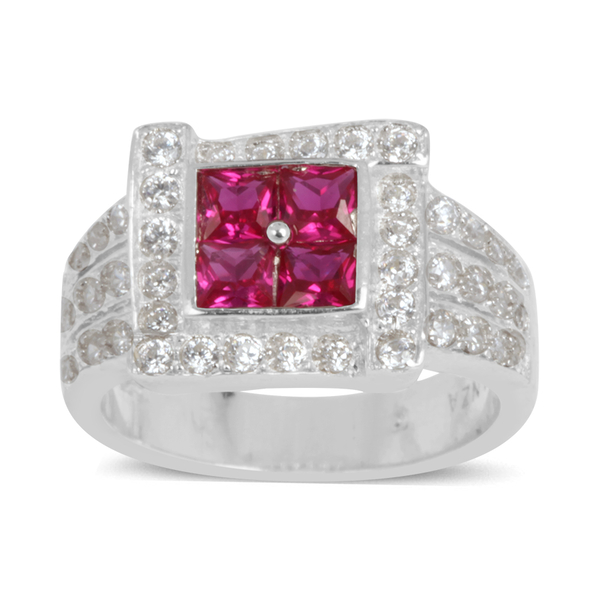 ELANZA AAA Simulated Ruby (Sqr), Simulated Diamond Ring in Rhodium Plated Sterling Silver