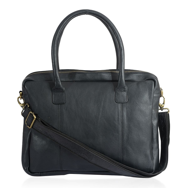 Black Colour Genuine Leather Laptop Bag with Two Compartments and Adjustable and Removable Shoulder 