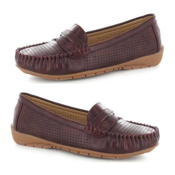 Ella Fay Perforated Detailing Loafers   - Burgundy
