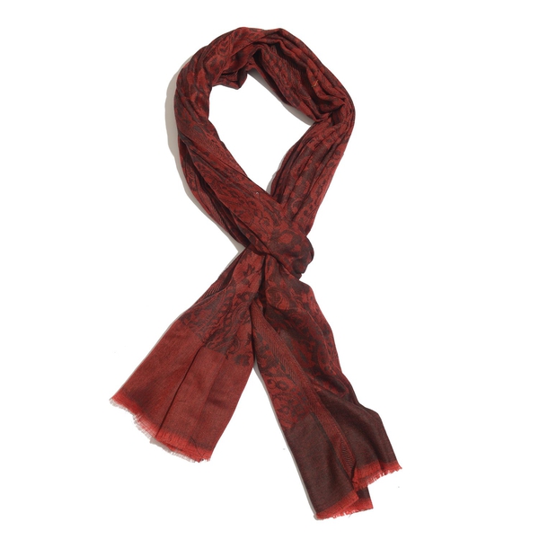 88% Merino Wool and 12% Silk Jacquard Weaving Maroon and Black Colour Shawl with Fringes at the Bottom (Size 180x70 Cm)