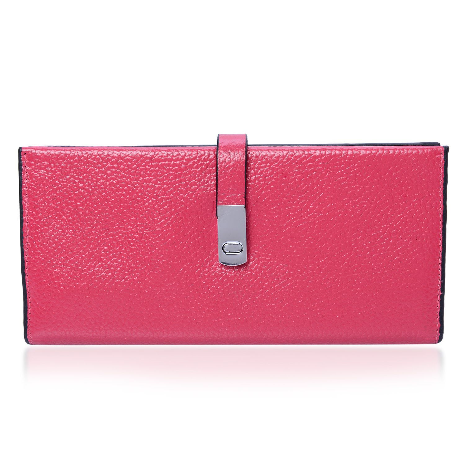 Grain Leather Embossed Bright Fuchsia Colour Purse with Flap Buckle Closure (Size 19x9.5 Cm)