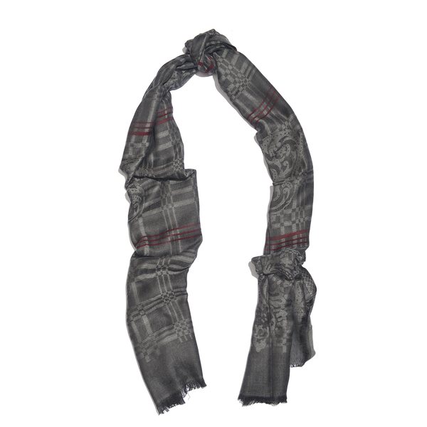 Dark Grey, Light Grey and Red Colour Checks Pattern Reversible Jacquard Scarf with Fringes (Size 190X70 Cm)