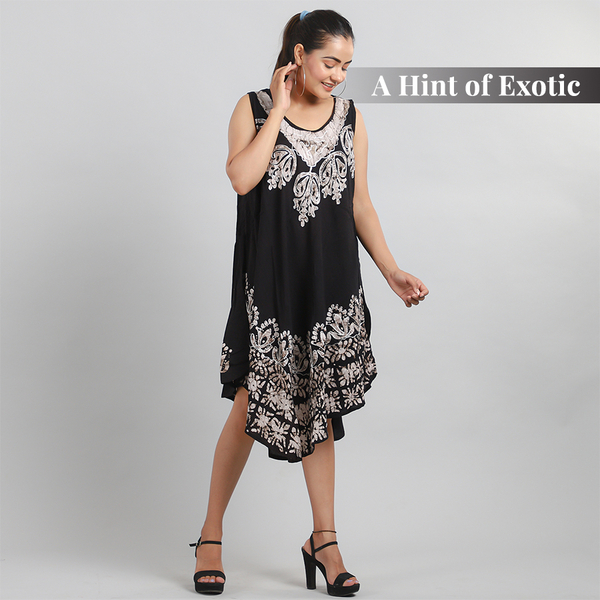 Viscose Crepe Umbrella Dress Embellished with Batik and Embroidery (Size 120x105 Cm) - Black & Grey