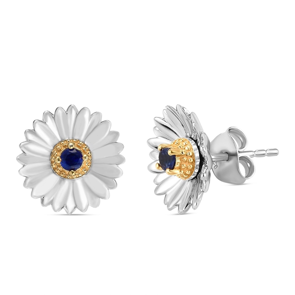 Masoala Sapphire (FF) Floral Stud Earrings (with Push Back) in Platinum and Gold Overlay Sterling Silver