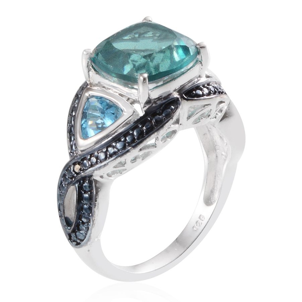 Paraiba Quartz (Cush 4.25 Ct), Blue Topaz and Blue Diamond Ring in Platinum Overlay Sterling Silver 5.260 Ct.
