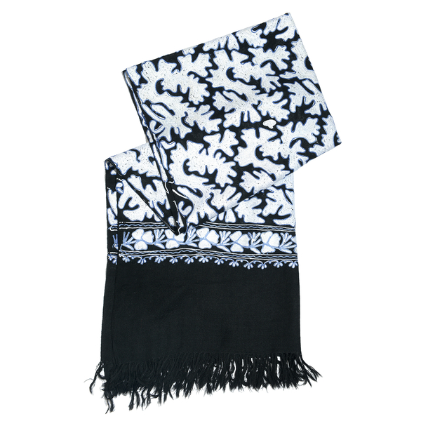 Very Limited Edition 100% Merino Wool Black, White and Blue Colour Hand Embroidered Shawl with Tassels (Size 190x70 Cm)