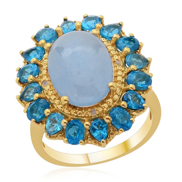 Blue Jade (Ovl 4.50 Ct), Malgache Neon Apatite and Diamond Ring in 14K Gold Overlay Sterling Silver 