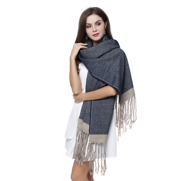 Italian Designer Inspired-Navy and Grey Colour Scarf with Tassels (Size 190X70 Cm)