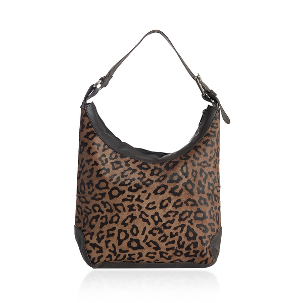 100% Genuine Leather Leopard Pattern Chocolate Colour Handbag with External Zipper Pocket and Adjust