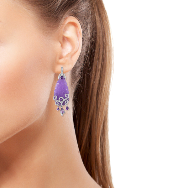 One Time Mega Deal Carved Purple Jade Earrings (with Push Back) in Rhodium Overlay Sterling Silver 54.180 Ct.