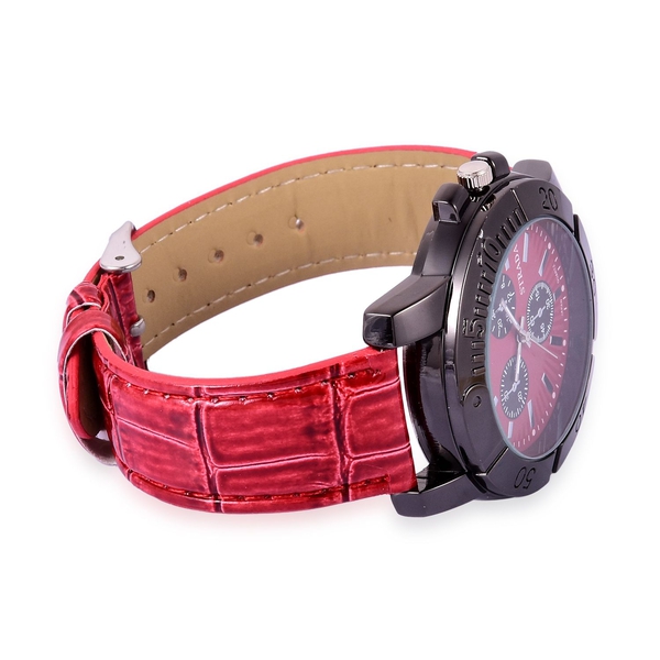 STRADA Japanese Movement Red Dial Water Resistant Watch in Black Tone with Stainless Steel Back and Red Strap