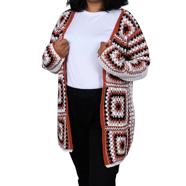 100% Cotton Hand Crochet Cardigan (One Size) - White and Multi