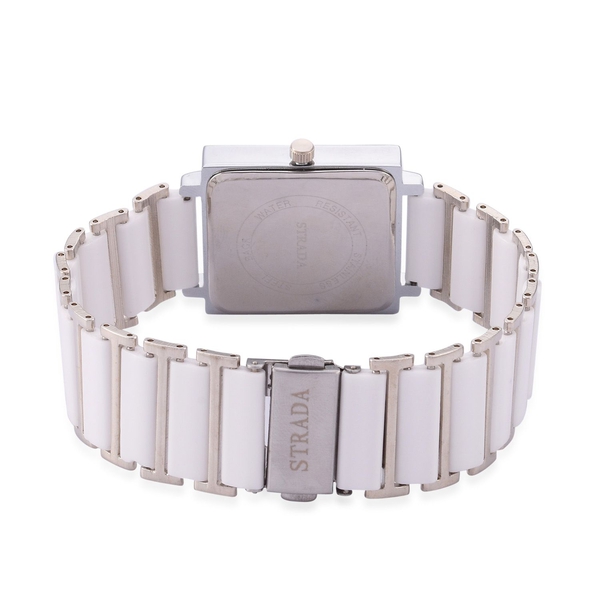 STRADA Japanese Movement White Austrian Crystal Studded White Dial Water Resistant Watch in Silver Tone with Stainless Steel Back and White Ceramic and Silver Bond Strap