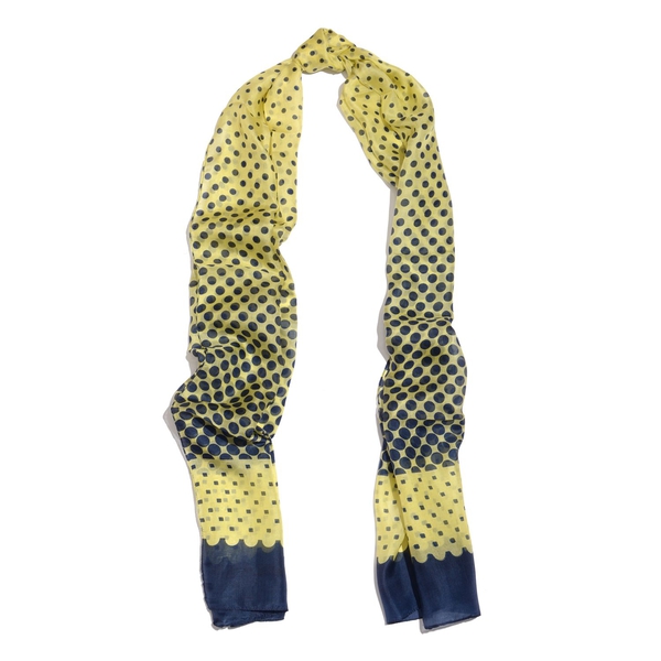 100% Mulberry Silk Navy and Yellow Colour Dots Pattern Scarf (Size 180x50 Cm)