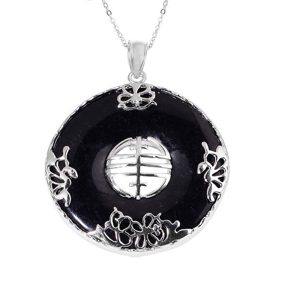 Black Jade Chinese Character FENG (Abundance) Pendant With Chain in Rhodium Plated Sterling Silver 6
