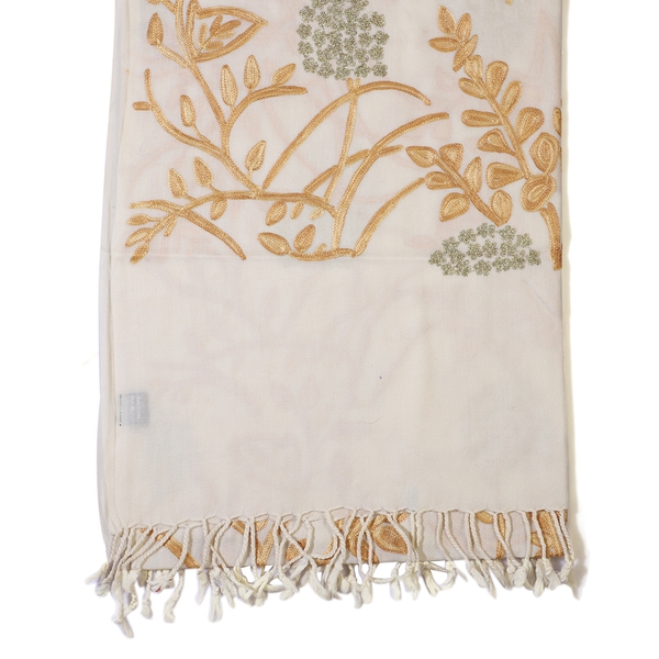 100% Merino Wool Kashmiri  Hand Embroidery (Wool and Gold Tone Thread) Heavy Weight Scarf (Size 195x70 Cm)  - Upto 400 Gms
