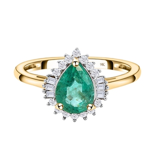 9K Yellow Gold AA Kagem Zambian Emerald and Diamond Ring 1.11 Ct.
