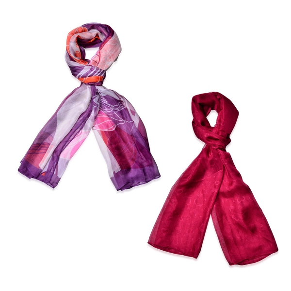 Set of 2 - Designer Inspired Flower Pattern Multi and Heart Pattern Wine Red Colour Scarf (Size 175x