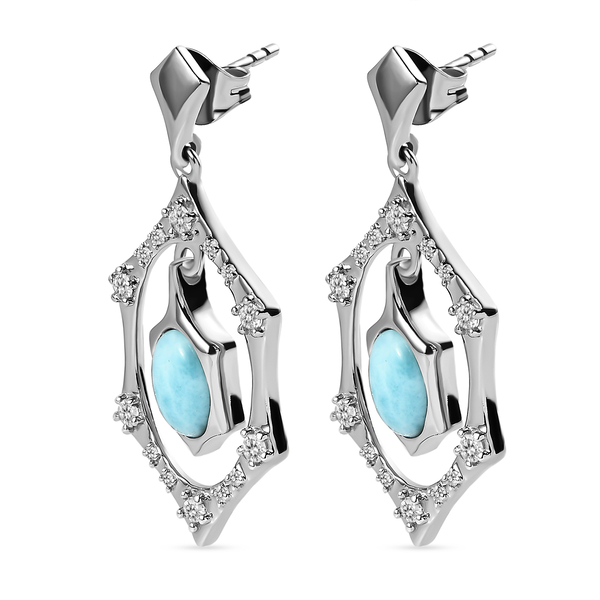 Larimar and Natural Cambodian Zircon Earrings in Platinum Overlay Sterling Silver 3.51 Ct, Silver Wt 5.52 Gms