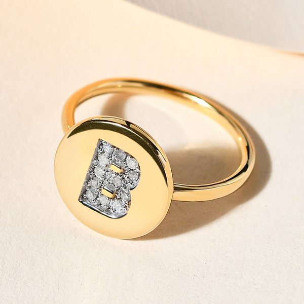 White Diamond Initial-B Ring in 14K Gold Overlay Sterling Silver
