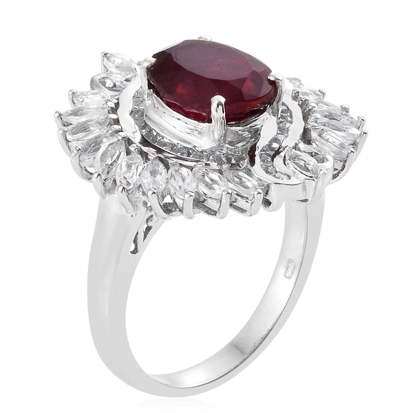 African Ruby (Ovl 5.15 Ct), White Topaz Ring in Platinum Overlay Sterling Silver 8.000 Ct. Silver wt 8.09 Gms.
