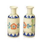 Set of 2 - Traditional Floral Printed Ceramic Vase - Cream, Blue & Multi