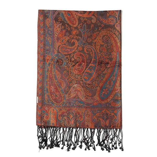 100% Superfine Silk Orange and Black Colour Jacquard Jamawar Shawl with Paisley Motifs and Fringes (Size 185x70 Cm) (Weight 125 - 140 Grams)