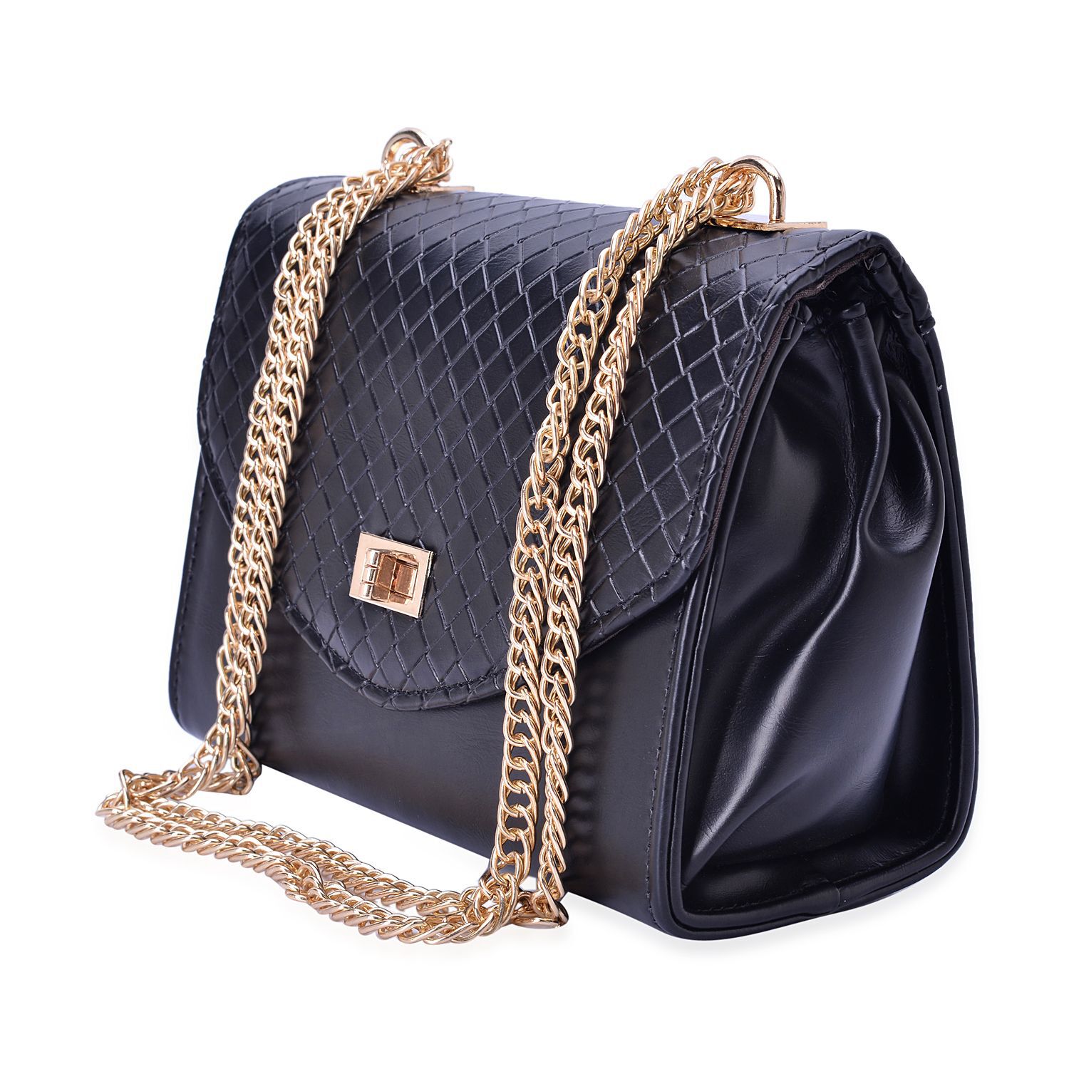 Black Colour Diamond Pattern Handbag with Chain Strap (Size 22x15x9.5 Cm)