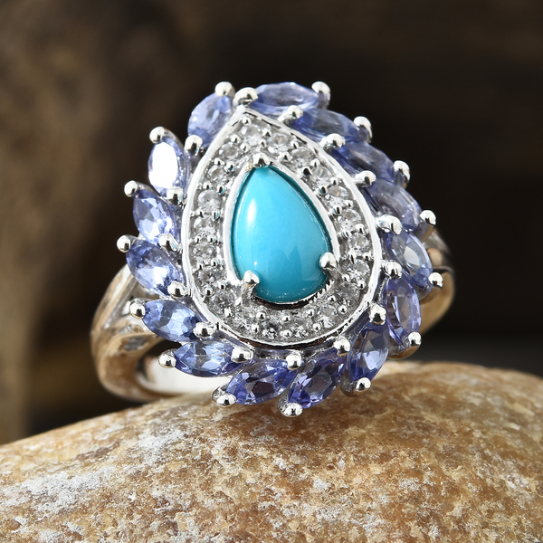 Arizona Sleeping Beauty Turquoise (Pear), Tanzanite and Natural White Cambodian Zircon Ring in Platinum Overlay Sterling Silver 2.250 Ct
