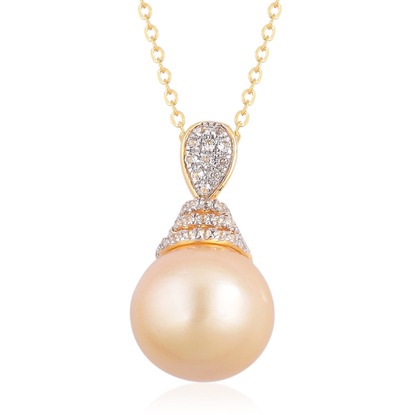 South Sea Golden Pearl (Rnd 11.5-12 mm), White Topaz Pendant With Chain in Yellow Gold Overlay Sterl