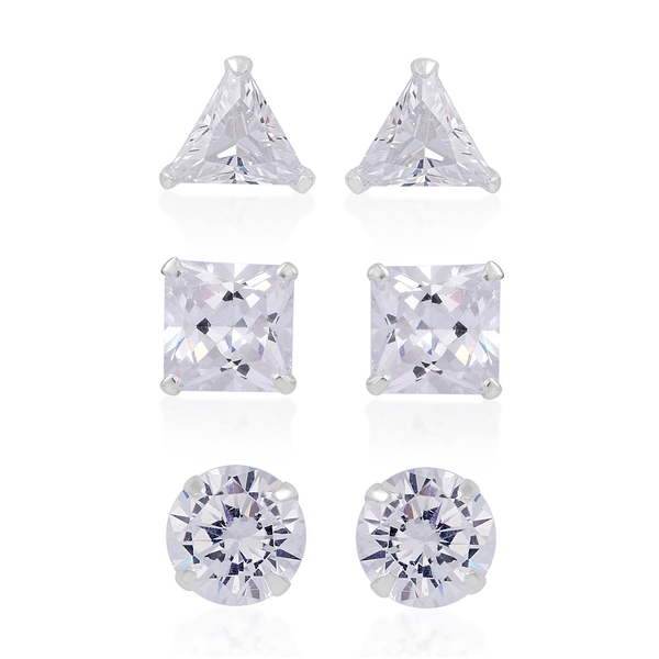Set of 3 - AAA Simulated Diamond (Rnd, Sqr, Trl) Stud Earrings (with Push Back) in Sterling Silver