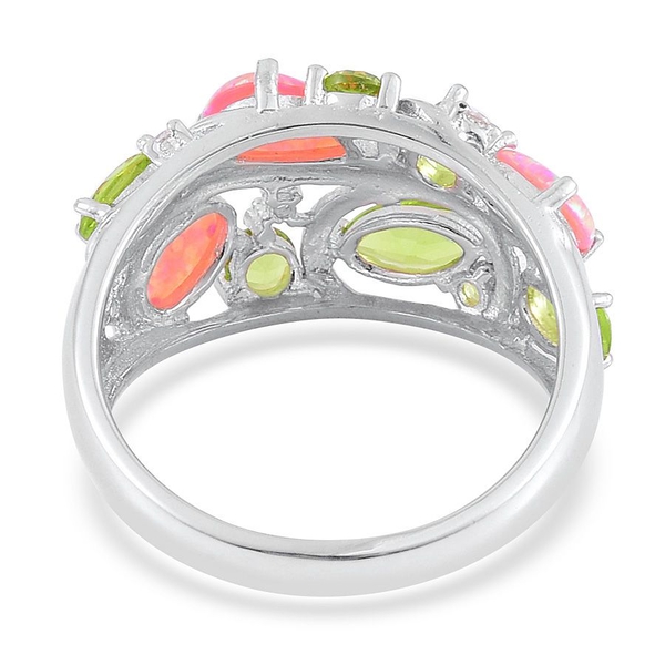 Enhanced Simulated Pink Opal, Simulated Peridot and Simulated White Diamond Ring in Sterling Silver