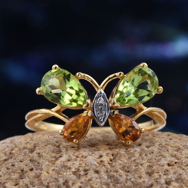 Hebei Peridot (Pear), Citrine Butterfly Ring in 14K Gold Overlay Sterling Silver 2.000 Ct.