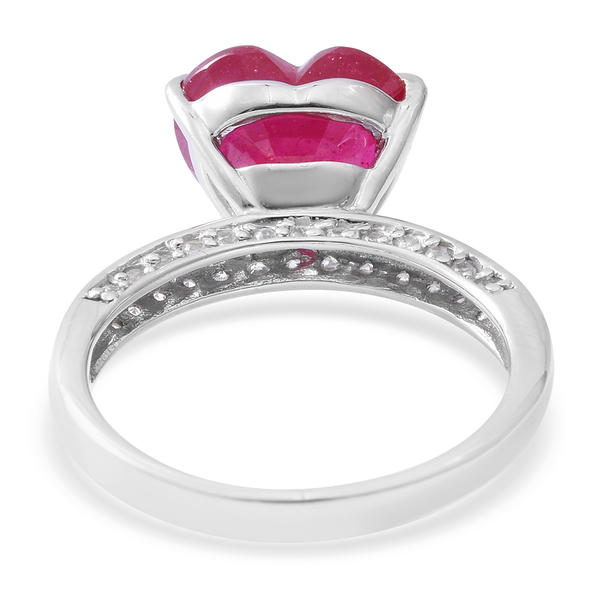 African Ruby (Hrt 8.15 Ct), Natural White Cambodian Zircon Ring in Rhodium Overlay Sterling Silver 8.650 Ct.
