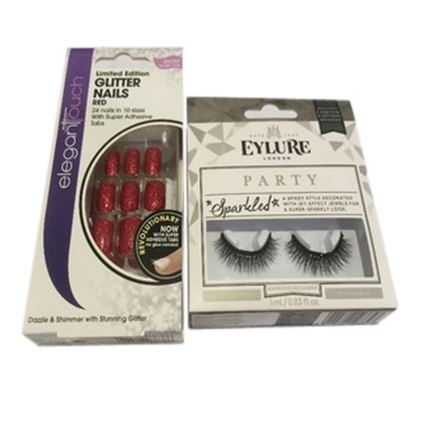 (Option 1) Elegant Touch Glitter Nails Red with Eylure Christmas Sparkle Lash Sparkled